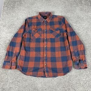 Vans Shirt Mens Medium Orange Blue Plaid Classic Fit Cotton Long Sleeve Button